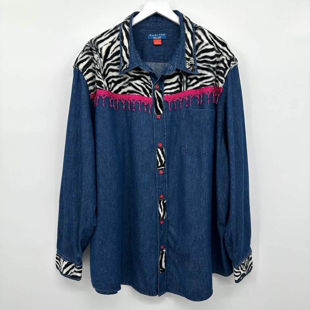 Vintage Upcycled Denim Tunic Top Shirt Womens Plus Size 3X Button Up Beaded Glam